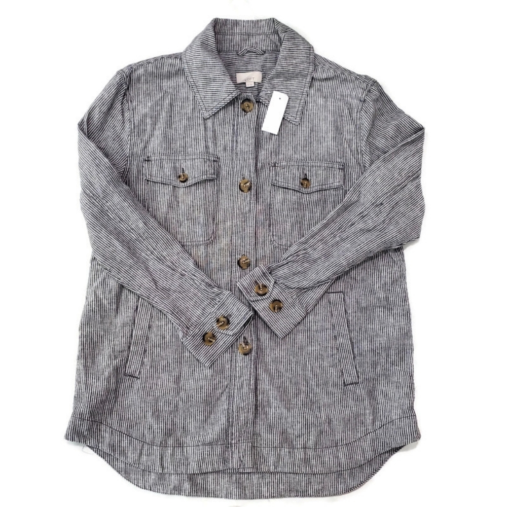 NWT LOFT Gray White Pin Striped Long Sleeve Button Front Linen Jacket Women’s M